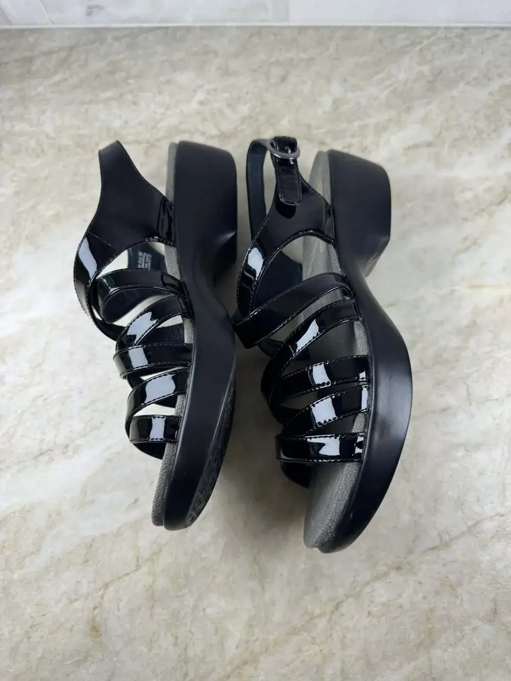 Dansko Dani Black Patent Leather Strappy Slingback Wedge Sandals Comfort EU 37